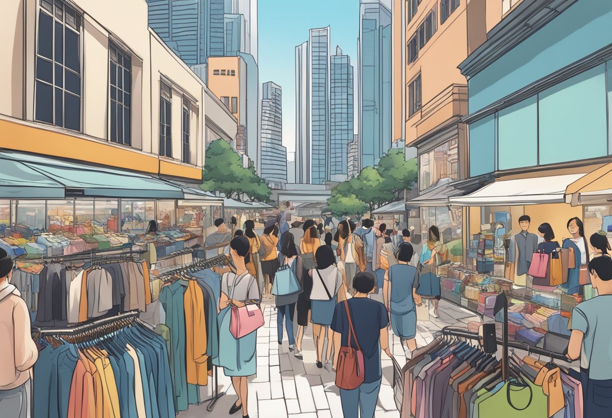 A bustling cityscape with the iconic skyline of Singapore in the background, while a crowd of trendy shoppers browse through racks of second-hand clothing at the Refash store