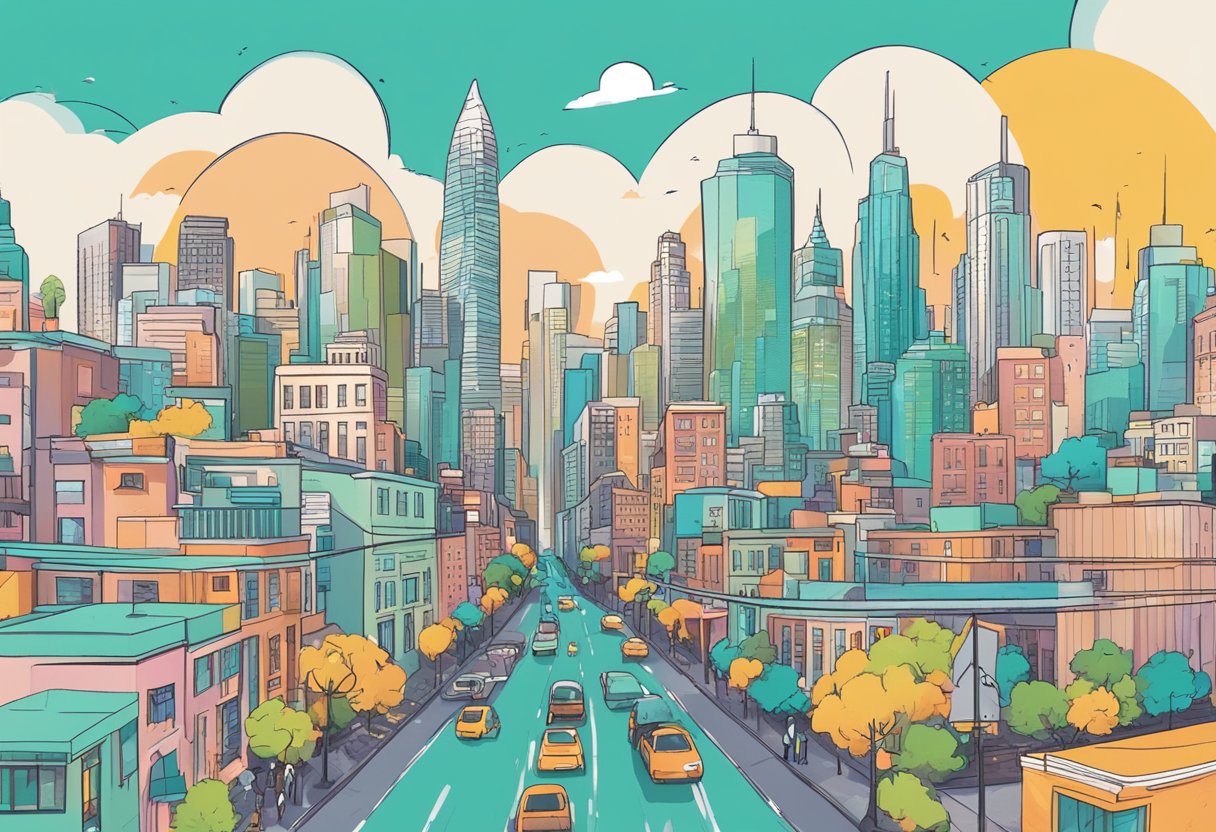 A bustling city skyline with a vibrant fashion district, showcasing sustainable and trendy clothing stores. Refash logo prominent in the center