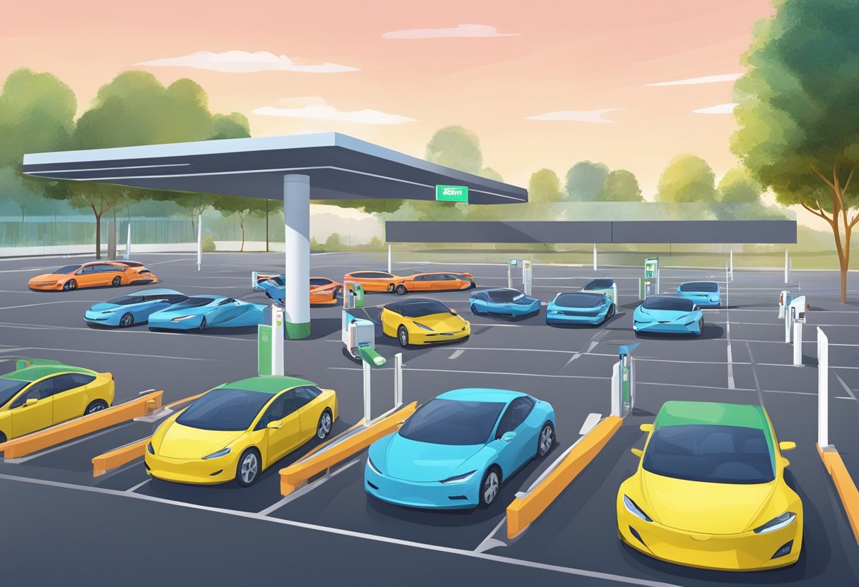 The parking lot is equipped with automated ticketing machines, clear signage, and designated spaces for electric vehicles