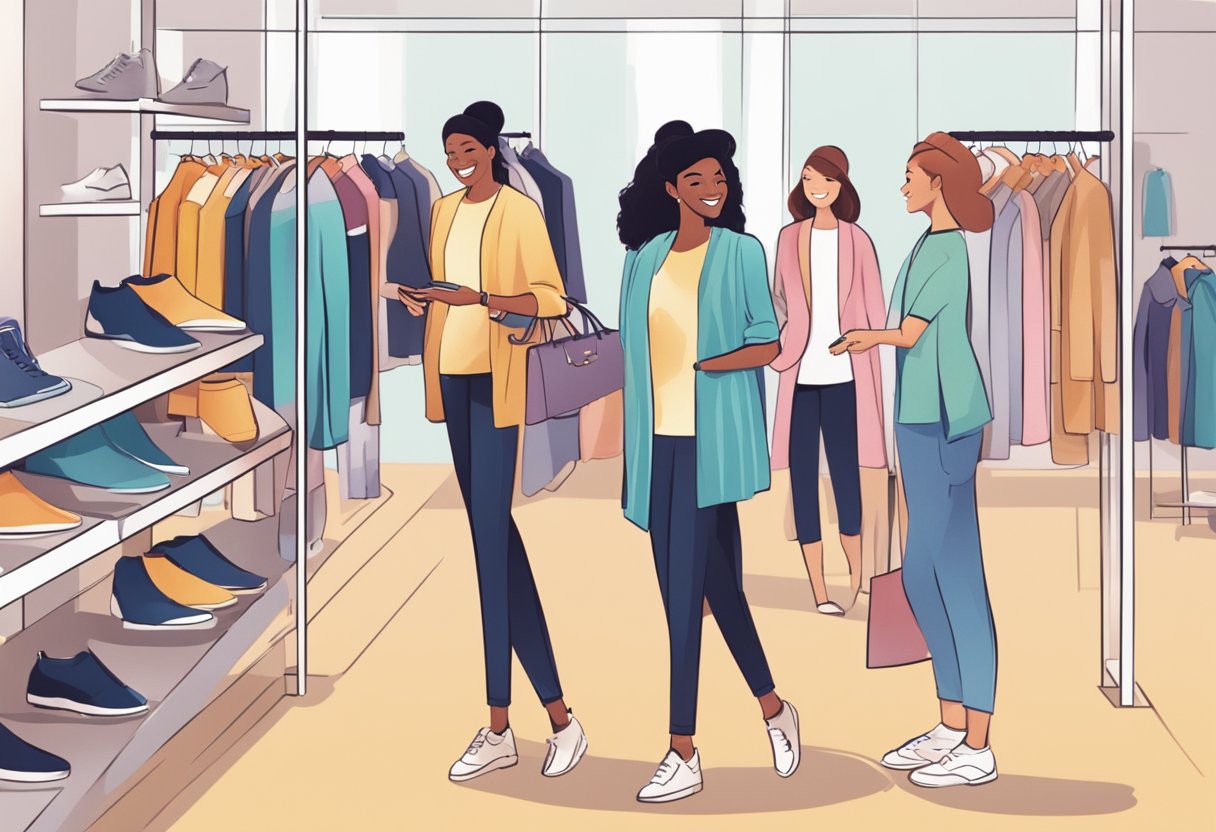 Customers browse through racks of trendy clothing. A sales associate assists a shopper with a smiling face. The store is modern and well-lit, with sleek displays and a clean, organized layout
