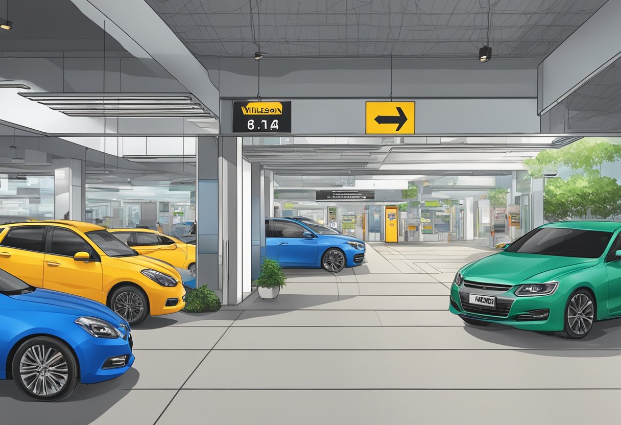 Cars entering and exiting a Wilson Parking facility in Singapore, with a prominent "Frequently Asked Questions" sign displayed at the entrance