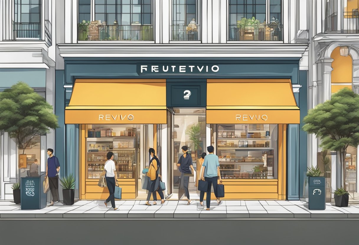 A bustling urban street with a prominent "Frequently Asked Questions" sign outside a modern and stylish Revivo store in Singapore