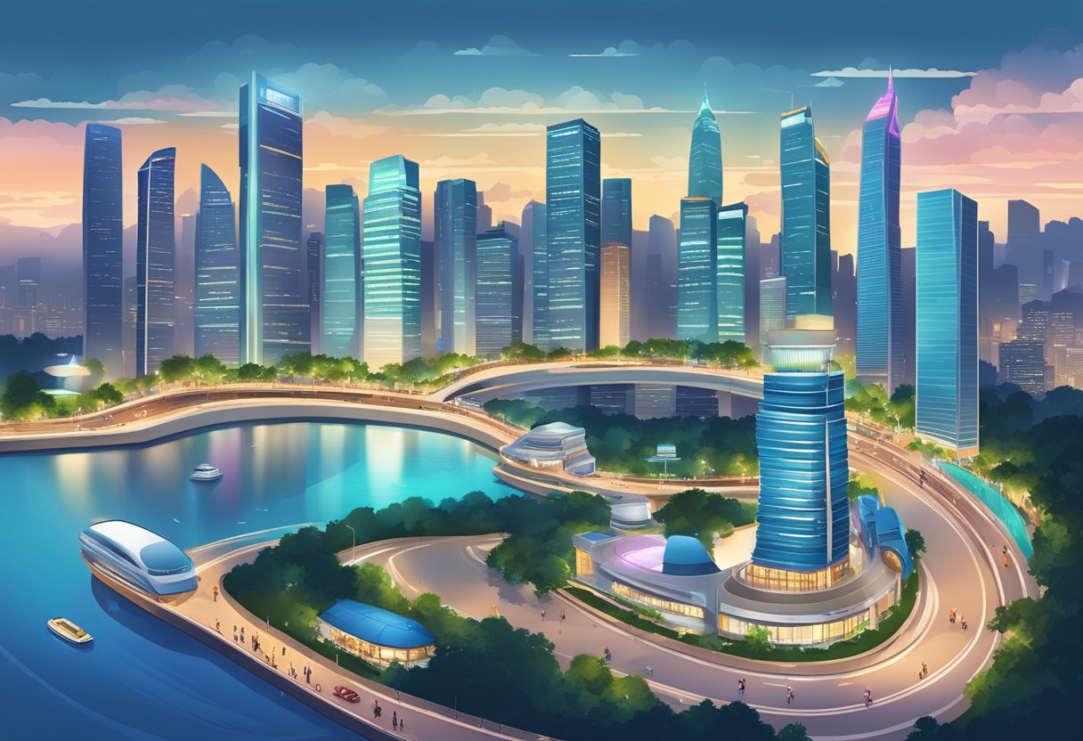 A bustling cityscape with iconic landmarks from Singapore to Shenzhen, showcasing modern skyscrapers, bustling streets, and vibrant city lights