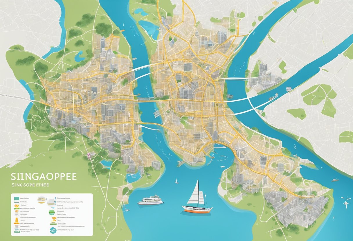 A map of Singapore and Shenzhen with highlighted routes and landmarks