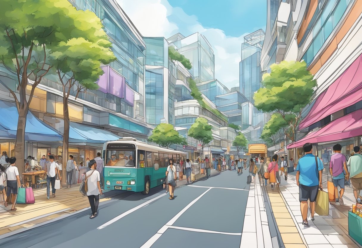 A bustling street outside Jem mall in Singapore, with shops and people