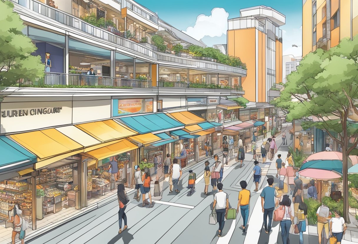 People shopping and dining at Jem in Singapore, with various stores and restaurants along Jurong Gateway Road