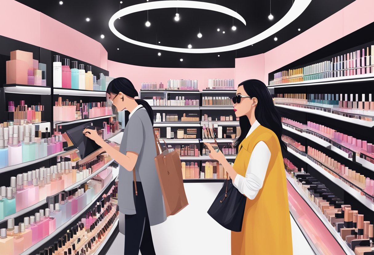 Customers browsing shelves, trying on makeup, and receiving samples at Sephora Singapore outlets, surrounded by vibrant promotional displays
