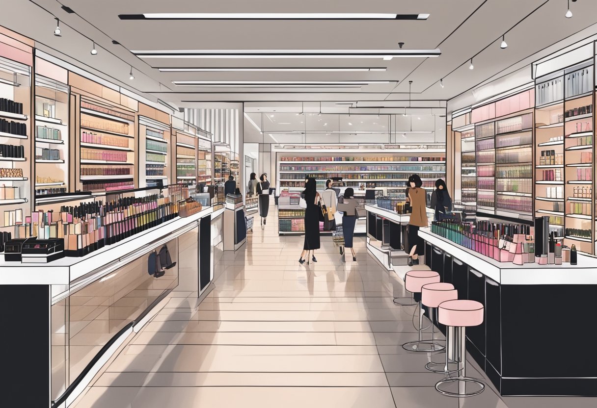 A bustling Sephora store in Singapore, with shelves lined with beauty products and customers browsing