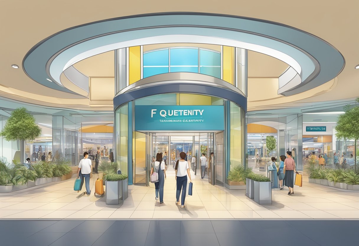 A bustling mall entrance with prominent signage "Frequently Asked Questions" at 50 Jurong Gateway Rd, Jem, Singapore 608549