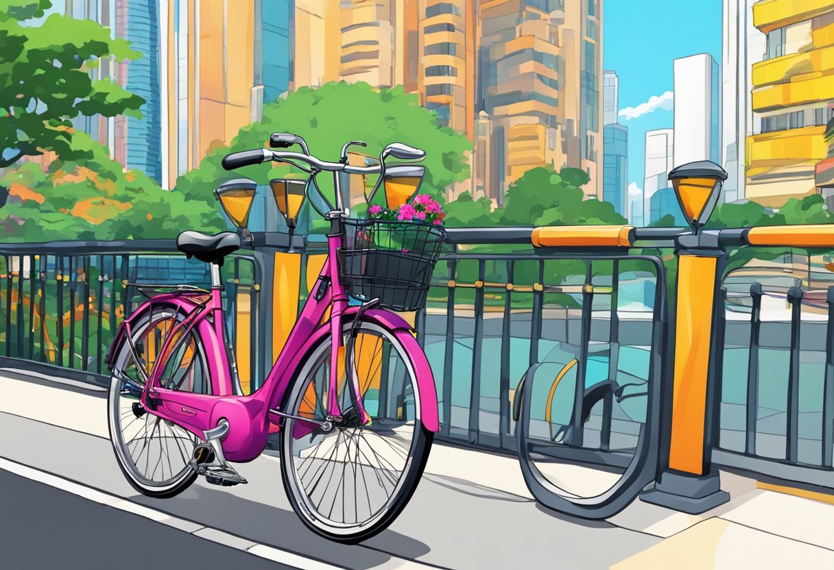 A colorful bicycle parked beside a bustling street in Singapore. Skyscrapers and palm trees fill the background, while the vibrant city life surrounds the scene