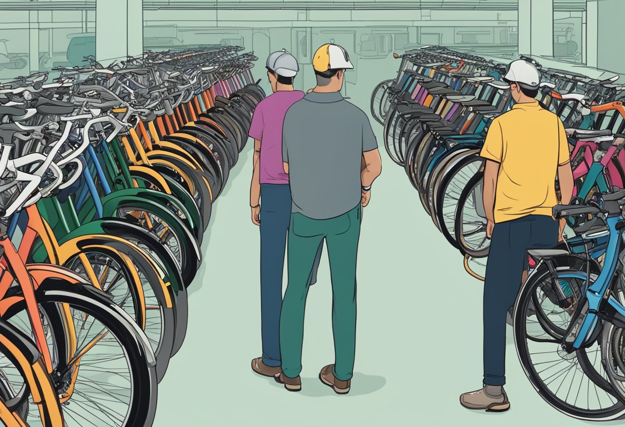 A person standing in front of a row of bicycles, examining them closely before making a decision. The bikes are lined up neatly in a well-lit shop with a variety of colors and styles to choose from