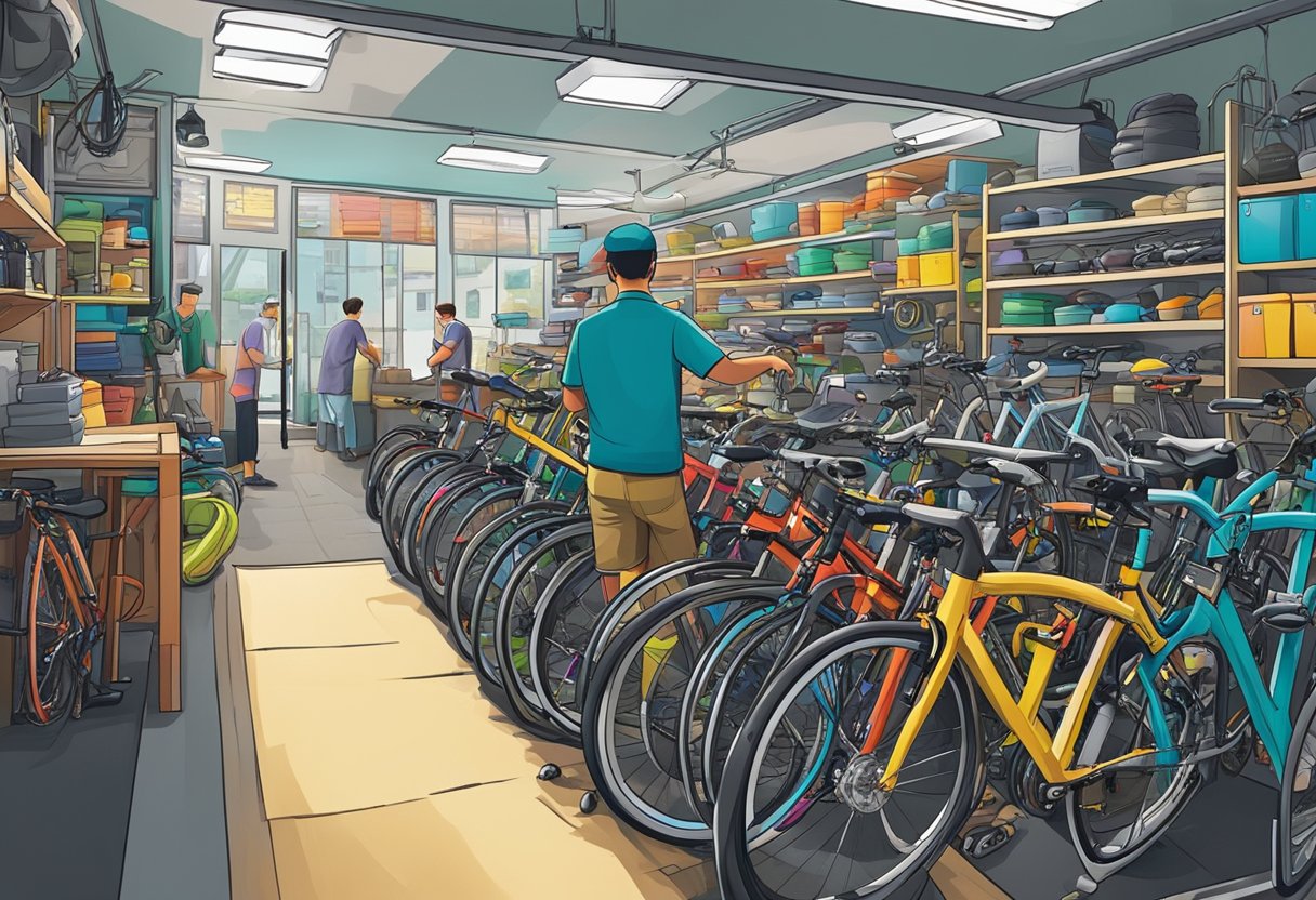 A bustling bike shop in Singapore with rows of colorful bicycles and a service area with mechanics working on repairs