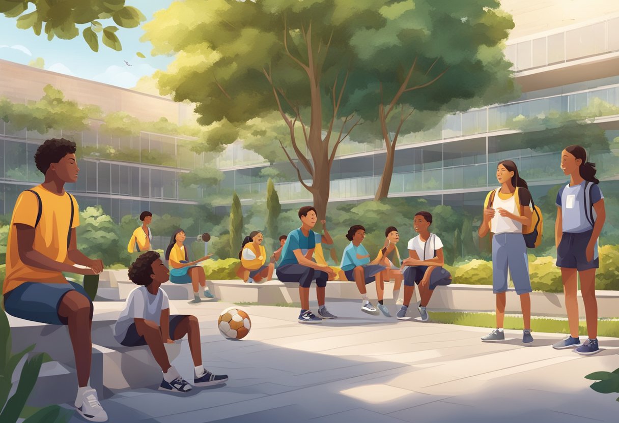 Students gather in the courtyard, chatting and playing sports. A diverse group of children study and socialize, surrounded by modern school buildings and lush greenery