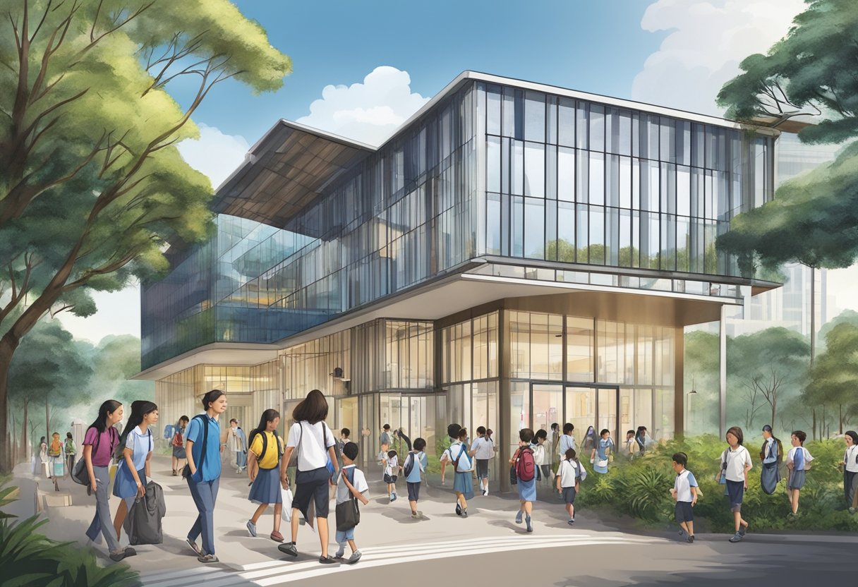 The Australian International School in Singapore is bustling with students and staff. The school's logo is prominently displayed, and a sign directs visitors to the Frequently Asked Questions section