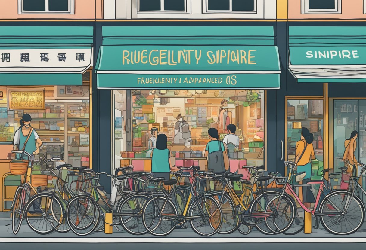 A bustling street in Singapore with bicycles parked outside a shop, a sign reading "Frequently Asked Questions - Bicycle Singapore" in bold letters