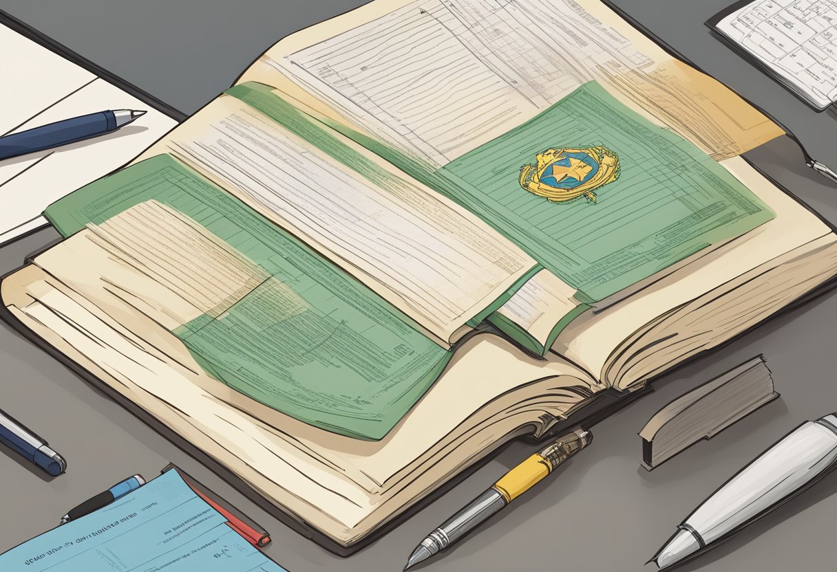 The Singapore Constitution book open on a desk, with a stack of papers and a pen nearby