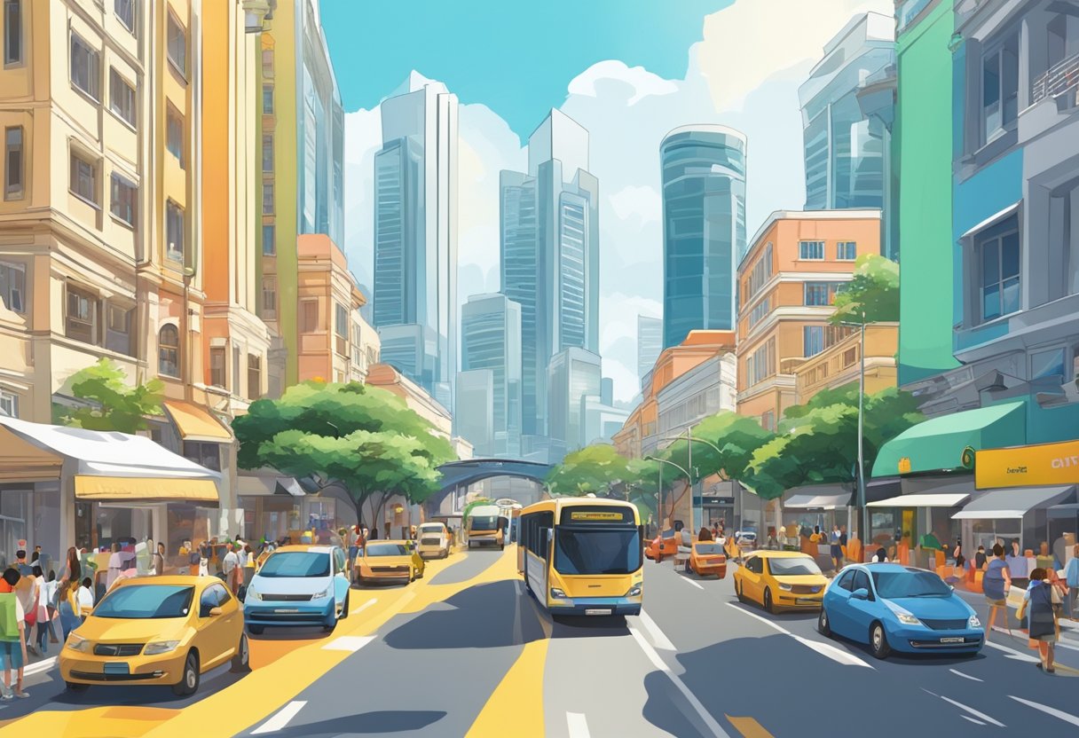 A bustling street in Singapore, with colorful buildings and bustling traffic, under the bright sun