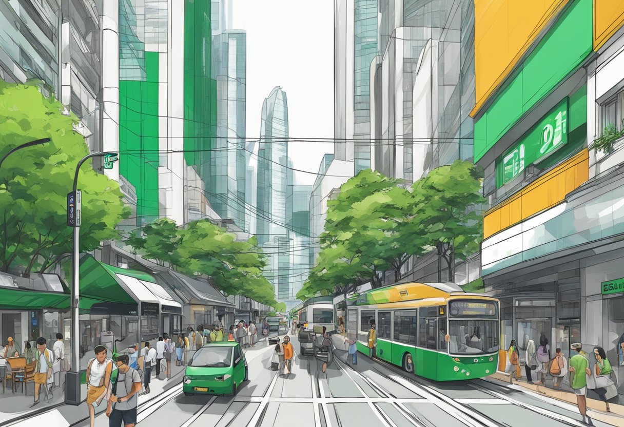A bustling city street in Singapore, with iconic green dot signage and modern architecture
