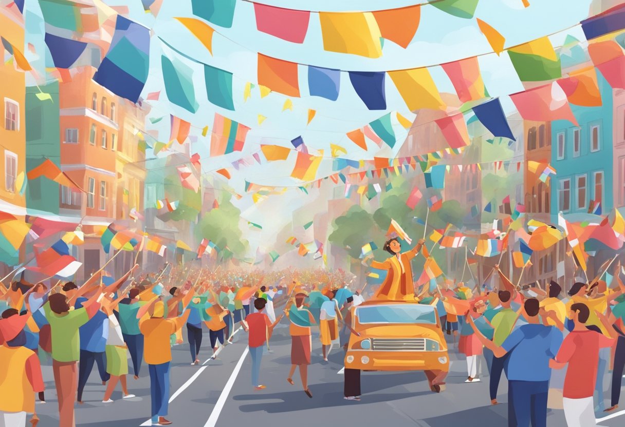 A colorful parade with flags, fireworks, and joyful people celebrating