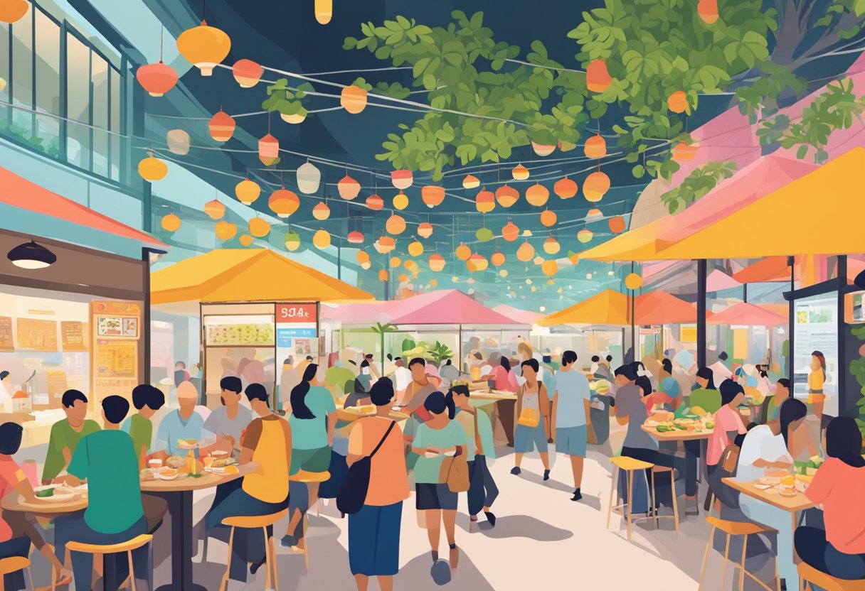 A bustling hawker center in Greendot Singapore, with colorful food stalls and lively patrons enjoying a variety of plant-based dishes