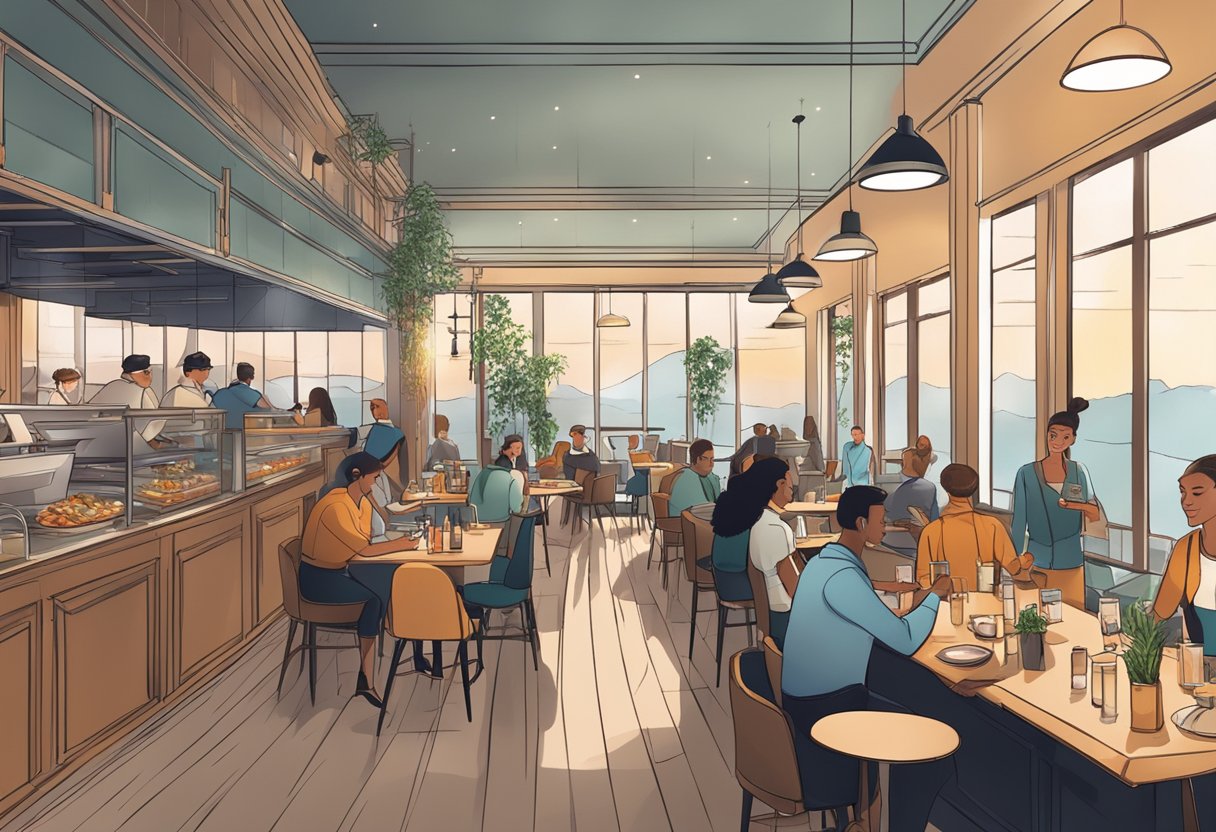 A bustling restaurant with a modern, stylish interior. Customers enjoy delicious food and drinks while staff members attend to their needs