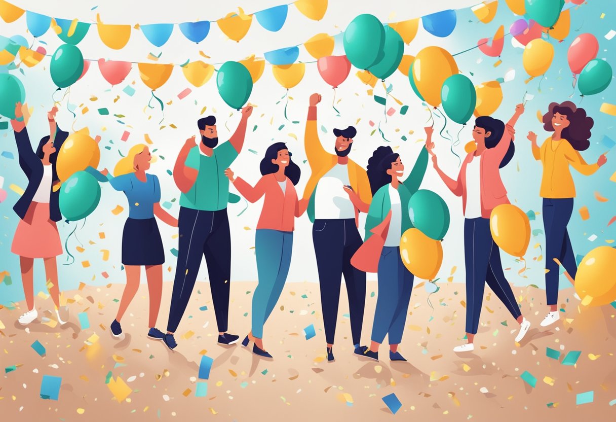 A group of people celebrating with confetti and balloons under a banner that reads "Promotions and Rewards" in a festive setting