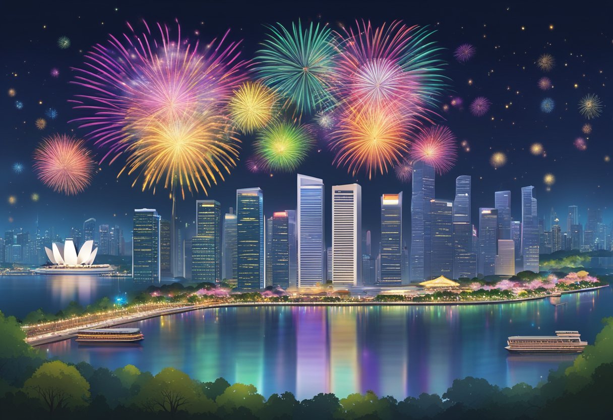 A colorful display of fireworks lights up the night sky, with the iconic skyline of Singapore in the background. Flags and banners flutter in the breeze as the city celebrates its National Day