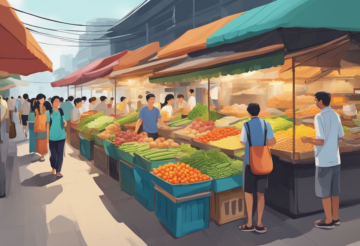 The bustling Singapore market is filled with colorful stalls and vendors selling a variety of fresh produce, spices, and local delicacies. The air is filled with the sounds of bargaining and the aroma of street food