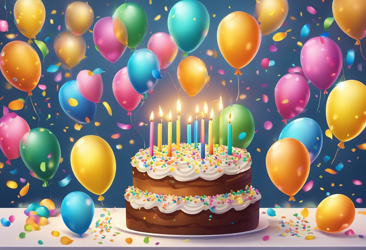 Colorful balloons and confetti fill the air as a birthday cake with lit candles sits on a table, surrounded by joyful well-wishers