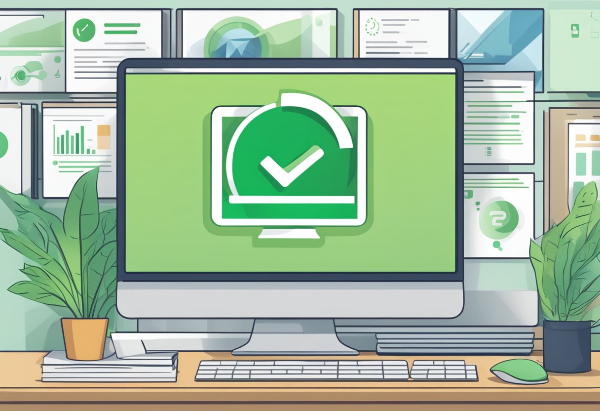 A computer screen with "Frequently Asked Questions" displayed, surrounded by a green dot logo