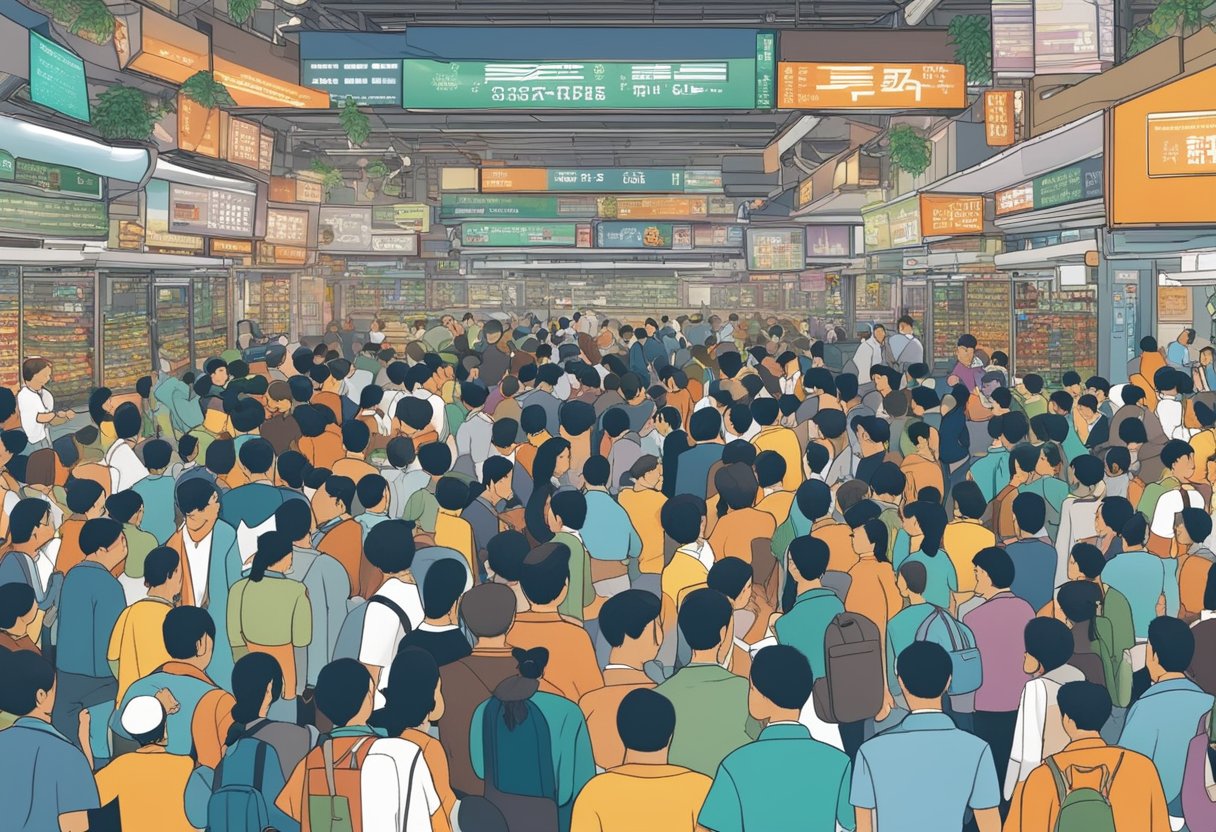 A bustling Singapore market with traders and investors engaged in buying and selling stocks and commodities. The scene is filled with energy and excitement as people analyze data and make strategic decisions