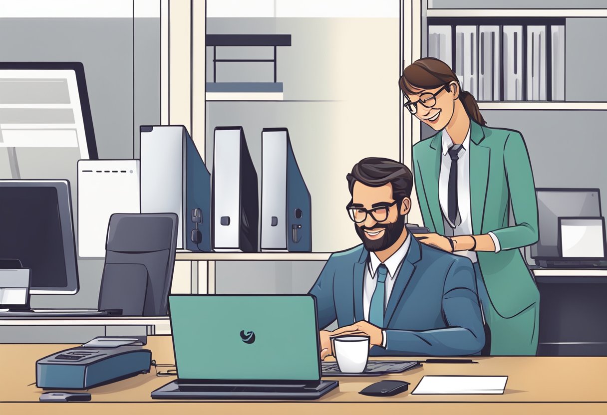A desk with a laptop, phone, and printer. A customer service representative assisting a client with a smile