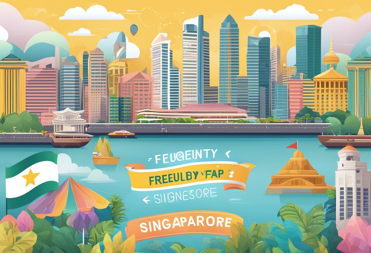 A colorful banner with "Frequently Asked Questions" and "Happy Birthday Singapore" displayed against a backdrop of iconic Singapore landmarks