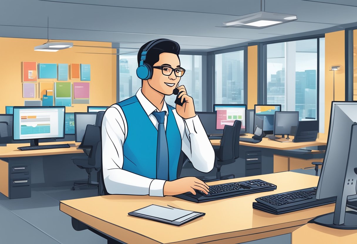 A customer service representative in Singapore answers common questions for Dell products, surrounded by computer equipment and a helpful atmosphere
