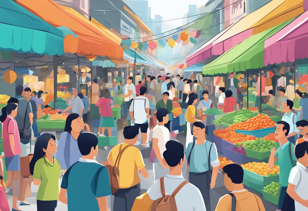 A bustling Singapore market with colorful stalls and busy shoppers browsing and asking questions