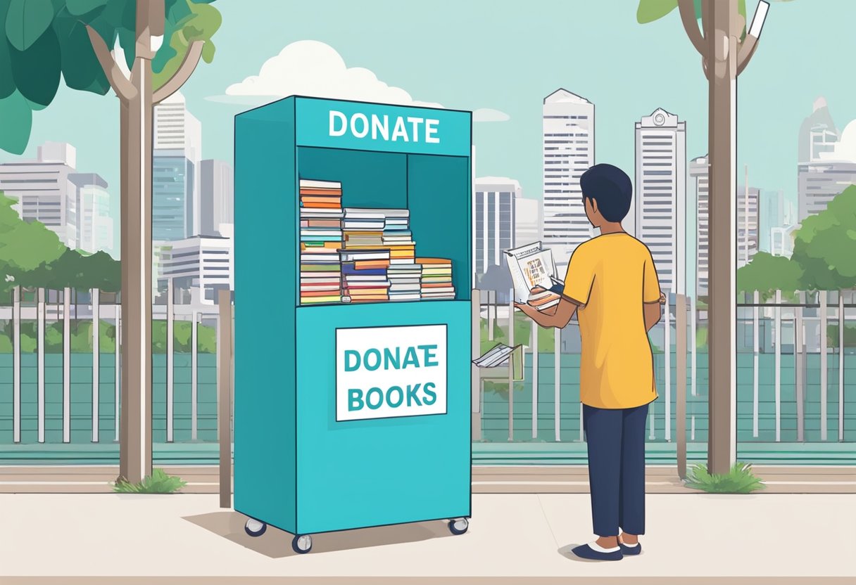 A person places books into a donation box in Singapore. The box is labeled "Donate Books Singapore" and is located in a public area