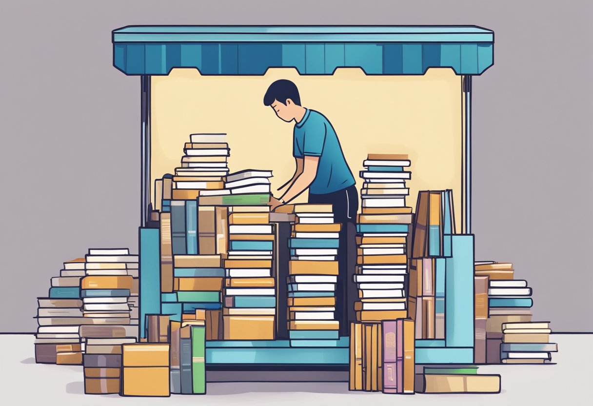 A stack of books being placed into a donation box with a sign that reads "Benefits of Donating Books" in Singapore