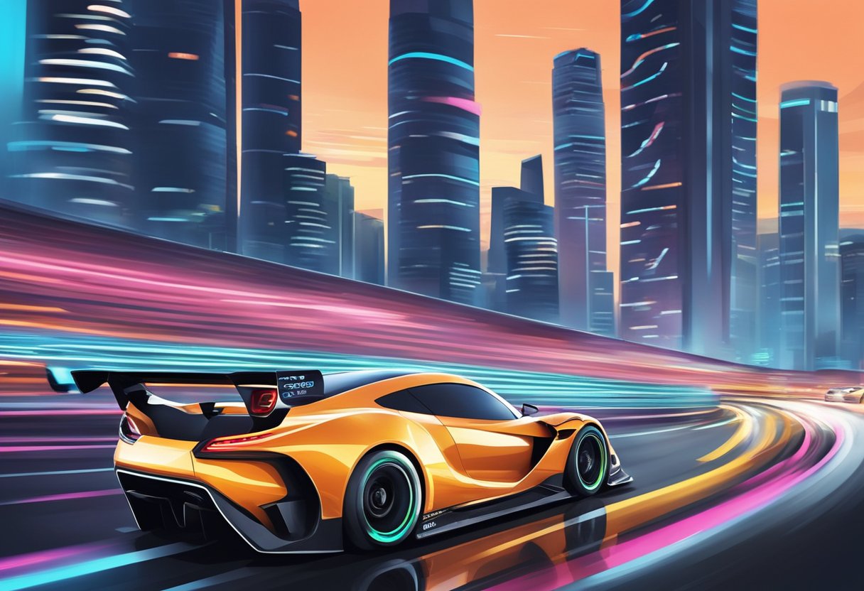 Cars speed around the track, tires screeching. The Singapore skyline looms in the background, while the bright lights of the city reflect off the sleek, futuristic race cars