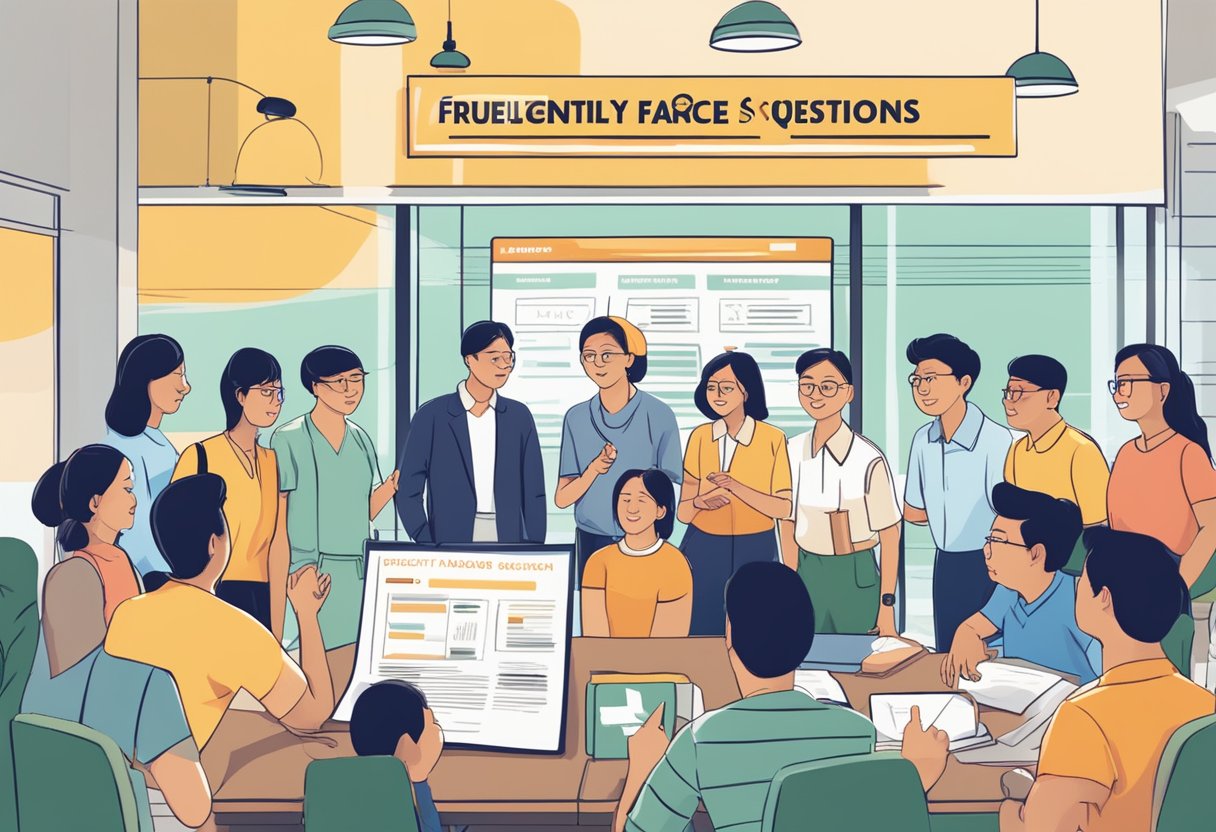 A group of people gathered around a sign that reads "Frequently Asked Questions Singapore Race," pointing and discussing