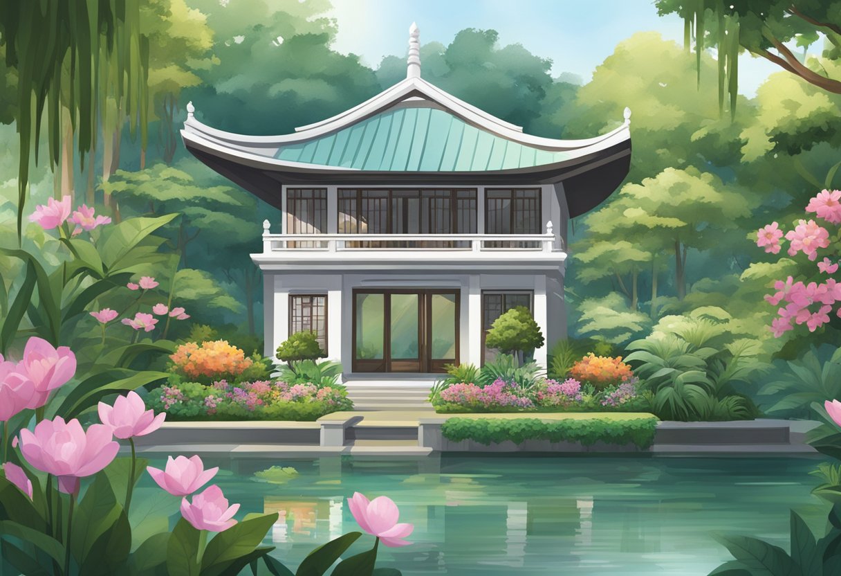 A serene summerhouse in Singapore, surrounded by lush greenery and blooming flowers, with a tranquil pond and a traditional architectural design