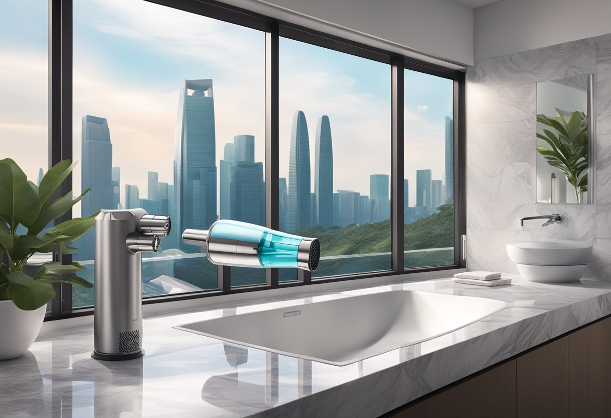 A sleek Dyson hair dryer sits on a marble countertop in a modern bathroom, with a view of the Singapore skyline through the window