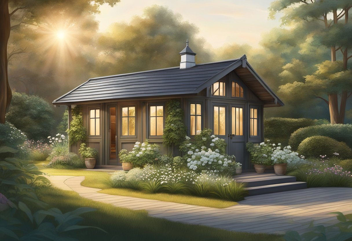 The summerhouse sits nestled in lush greenery, with a charming wooden facade and a sprawling garden surrounding it. The sun casts a warm glow on the scene, creating a tranquil and inviting atmosphere