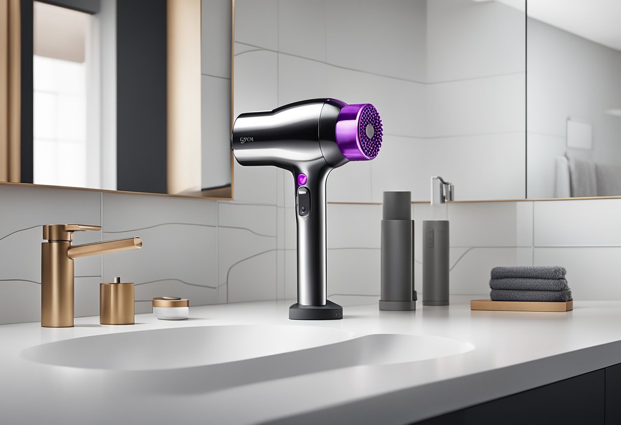The Dyson hair dryer sits on a sleek, modern countertop in a well-lit bathroom. Its compact design and powerful motor are highlighted, with a focus on its innovative technology and versatility