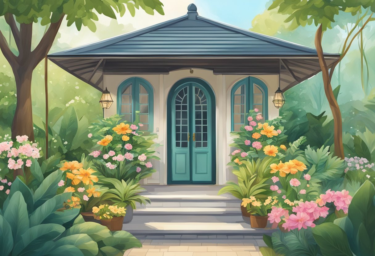 A sunny, tranquil summerhouse in Singapore, surrounded by lush greenery and blooming flowers, with a sign displaying "Frequently Asked Questions" prominently