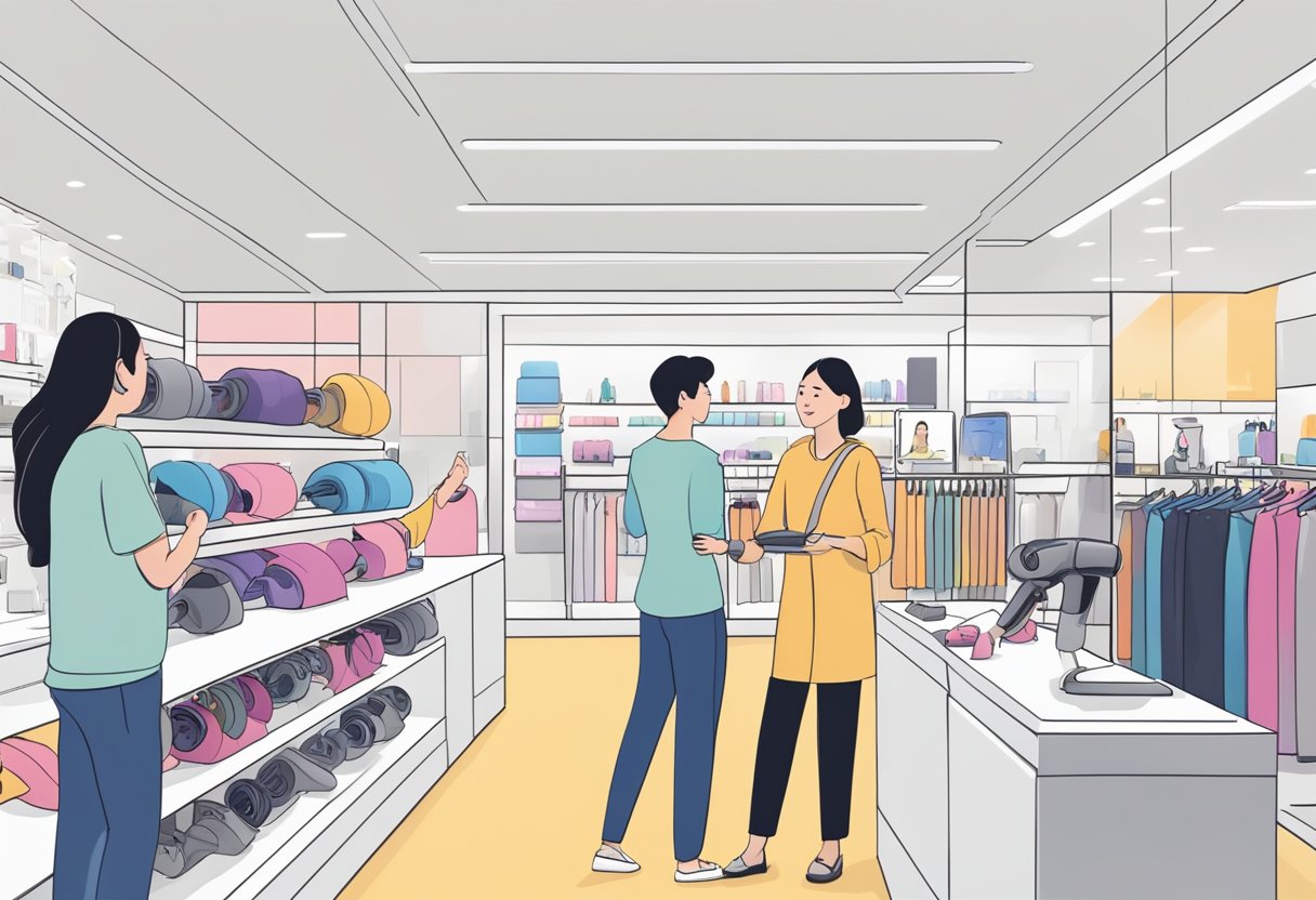 A hand reaches out to buy a Dyson hair dryer in a sleek Singaporean store, with customer support staff nearby