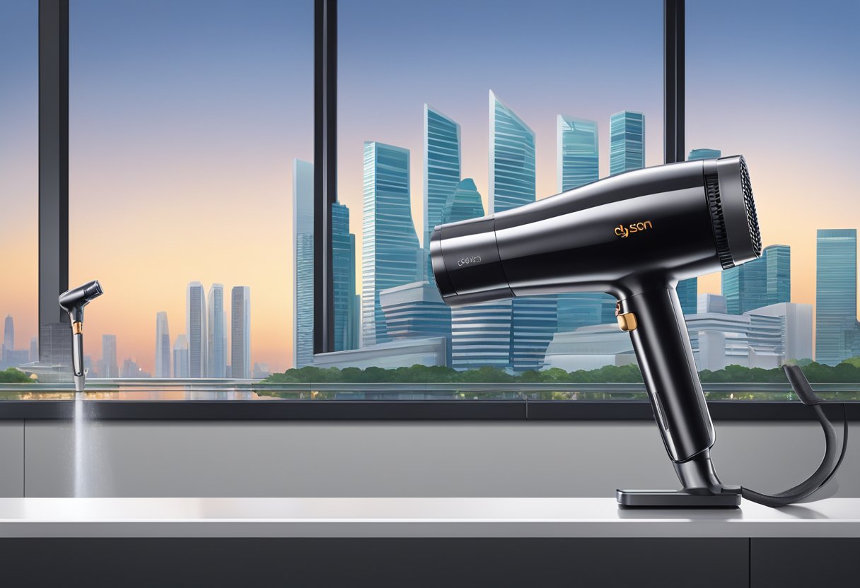 A sleek Dyson hair dryer displayed on a clean, modern counter with a backdrop of the Singapore skyline