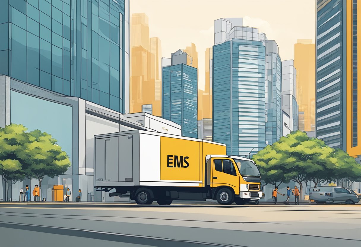 A delivery truck pulls up to a modern office building in Singapore, with the iconic skyline in the background. The driver unloads a package labeled "EMS Tracking" while workers bustle around