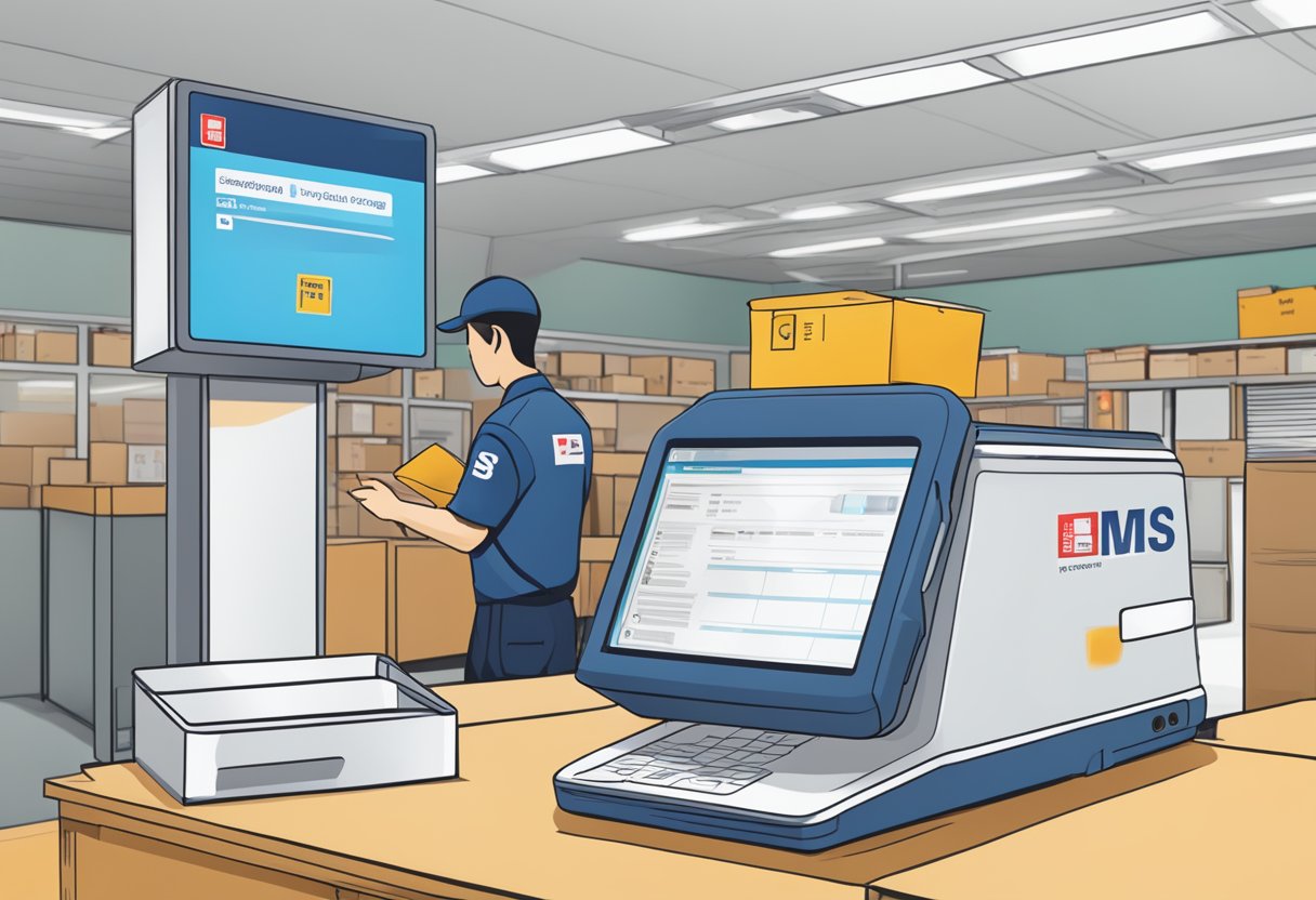 An EMS package with a tracking label is scanned by a handheld device in a Singapore post office