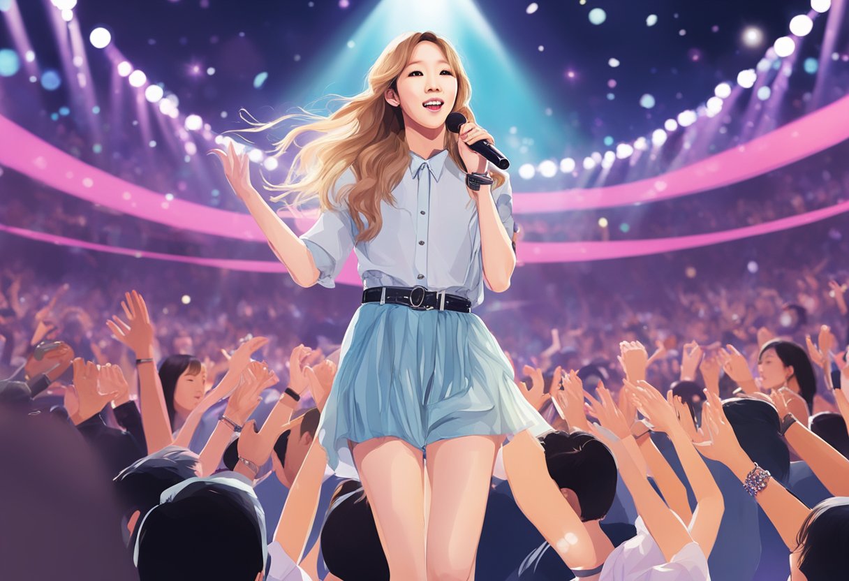 Taeyeon performs on stage in Singapore, surrounded by bright lights and a cheering crowd