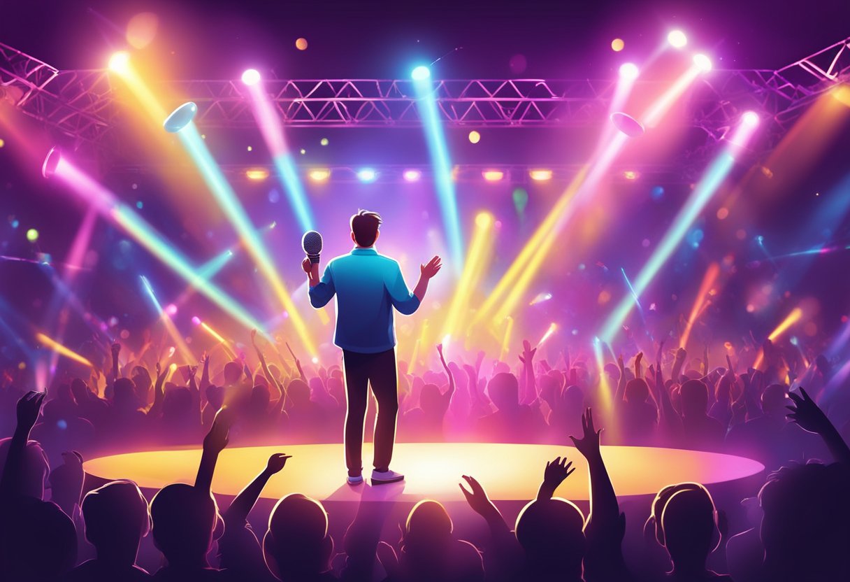 A bright stage with colorful lights, a microphone stand, and a crowd of excited fans waving lightsticks